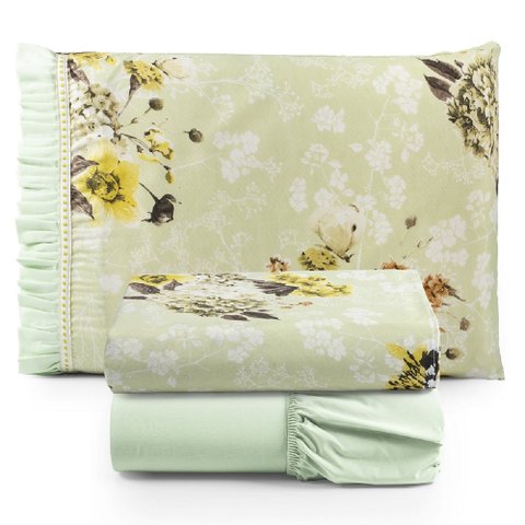 Jogo de Lençol Cama Casal 4 Peças 100% Algodão Percal 180 fios Babadinho: Verde Floral