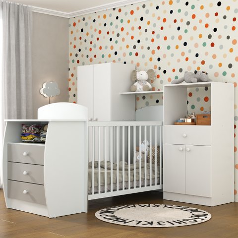 Quarto de Bebê com Berço-cômoda Laura Multimóveis Branco/cinza