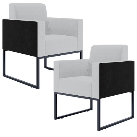 Kit 2 Poltronas Decorativas Sala Base Fixa Metal Helô L02 Linho Cinza Couríssimo Preto - Lyam