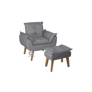 Poltrona Decorativa Opala e Puff Opala Suede Cinza Smf Decor