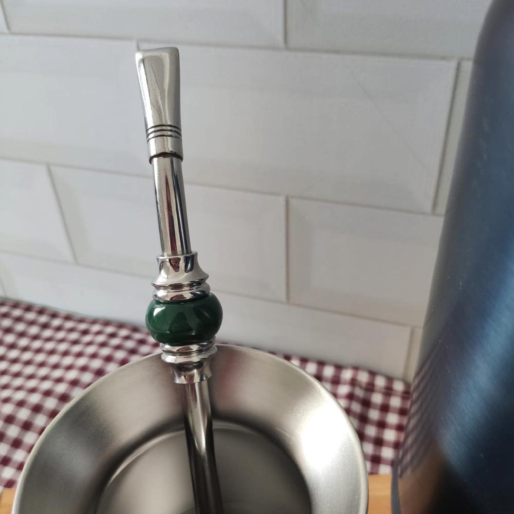 Bomba de Chimarrão Inox 19cm Bojo Pera Removível Anel de Pedra Ágata Verde Redonda Taumer - 3