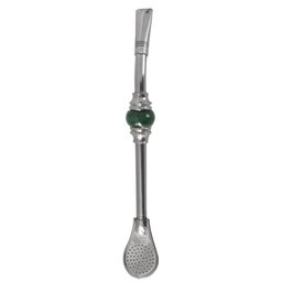 Bomba de Chimarrão Inox 19cm Bojo Pera Removível Anel de Pedra Ágata Verde Redonda Taumer - 1