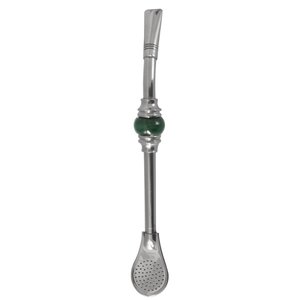 Bomba de Chimarrão Inox 19cm Bojo Pera Removível Anel de Pedra Ágata Verde Redonda Taumer