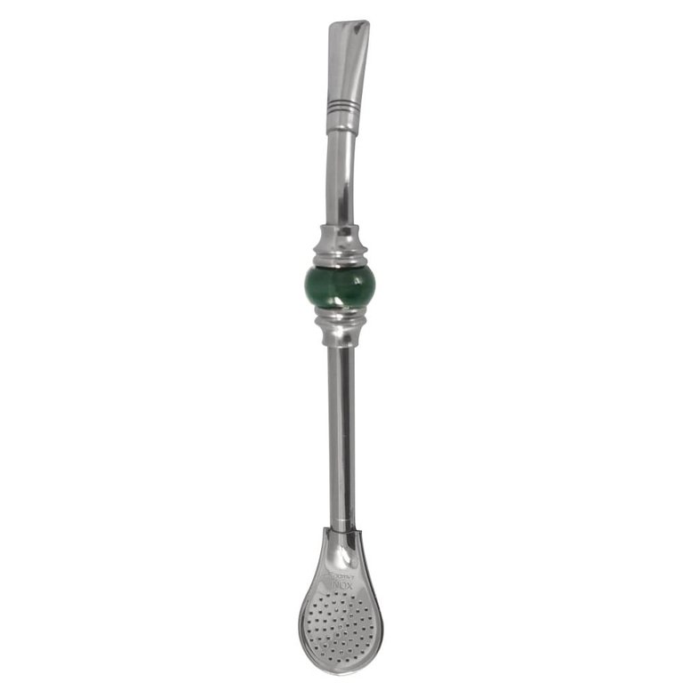 Bomba de Chimarrão Inox 19cm Bojo Pera Removível Anel de Pedra Ágata Verde Redonda Taumer