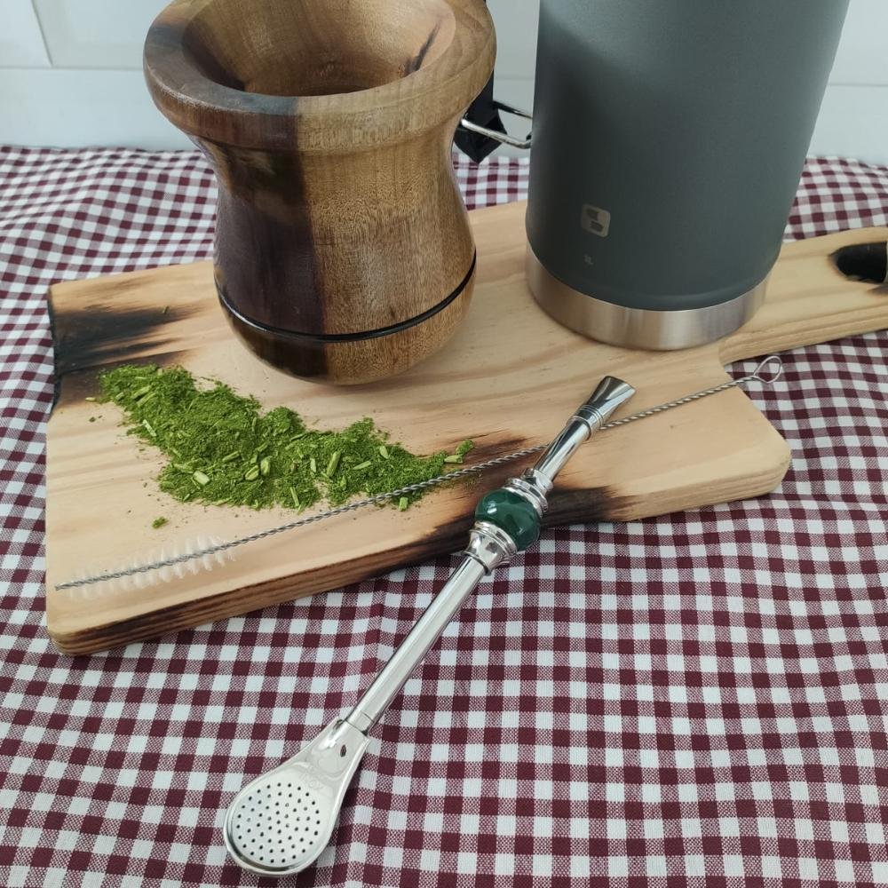 Bomba de Chimarrão Inox 19cm Bojo Pera Removível Anel de Pedra Ágata Verde Redonda Taumer - 11