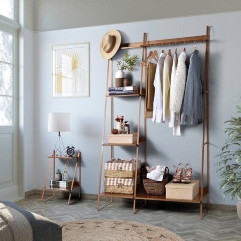 Conjunto Mesa de Cabeceira e Arara de Roupas em Aço Begônia CabeCasa MadeiraOriginals