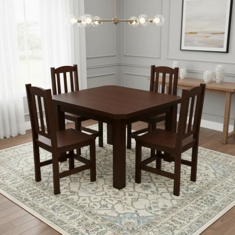 Kit Mesa e 4 Cadeiras Diamante 88cm Madeira Maciça Castanho
