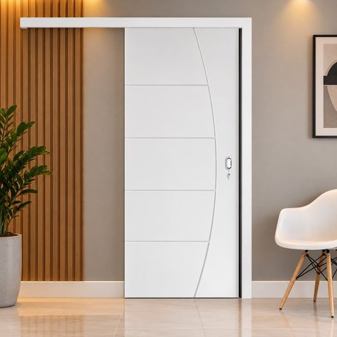 Porta de Correr Frisada Branca Kit de Madeira c/ Fechadura 210x92 cm-01