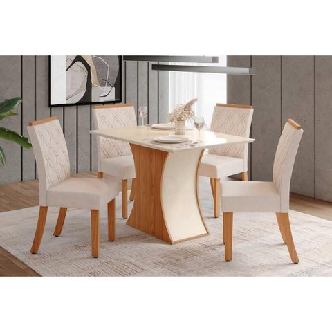 Conjunto: Mesa Sala Jantar Luiza C/ Tampo Reto Madeirado C/ Vidro 120x90cm e 4 Cadeiras Vita Nature/