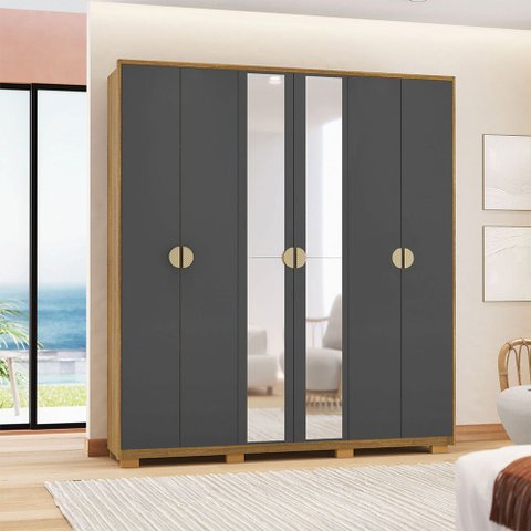 Guarda Roupa Casal Marlin 6 Portas de Bater 2 com Espelhos 4 Gavetas com Nichos Mdf Nature/chumbo G9
