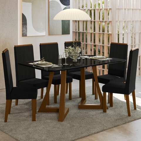Sala Jantar Ana 160cm Vidro 6 Cadeiras Veludo Livia Preto/Ambar