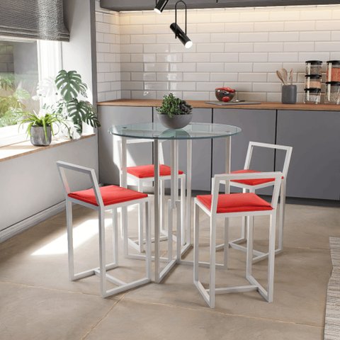 Conjunto Mesa Redonda Vidro 4 Cadeiras Pequena Estofado Industrial White