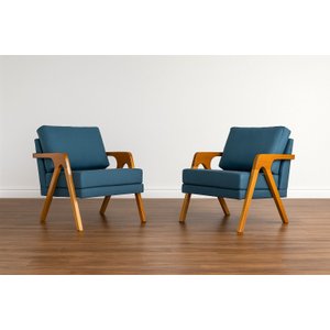Conjunto 2 Poltronas Mona Luxo Madeira Maciça Tecido Linho:linho Azul