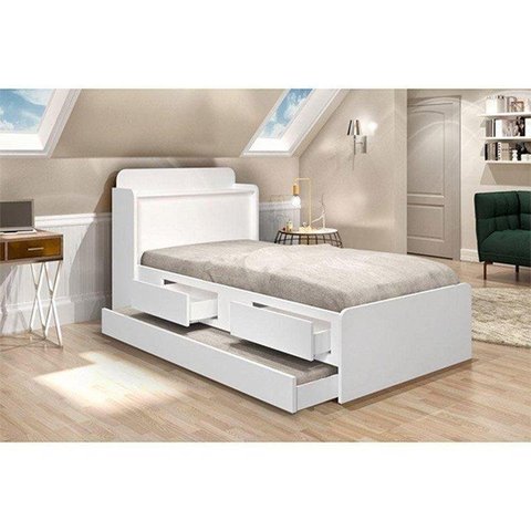 Cama Tamires Solteiro 0,88cm com Auxiliar Branco com Capitonê Nogal - Cambel