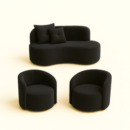Conjunto Decorativo 02 Poltronas + Sofá Curvo Orgânico Nature Gaia Suede Preto - Montanaris Decor - 1