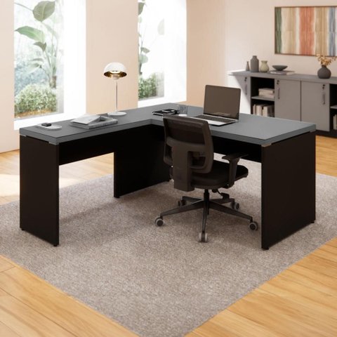 Mesa de Escritório 40mm em L Pés Painel F5 Office Cor:Cinza Sagrado com Preto
