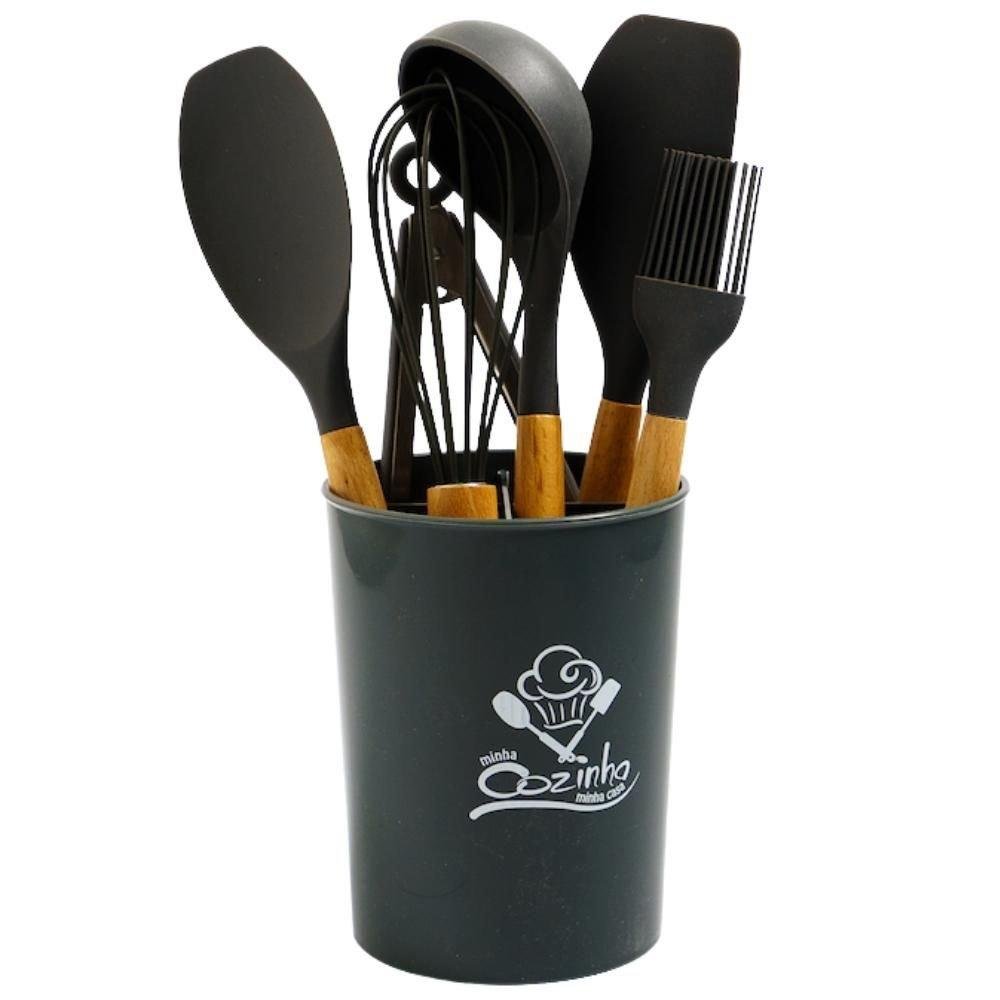 Kit Gourmet - Suporte Preto + Jogo De Cozinha Talheres Silicone 11 Peças