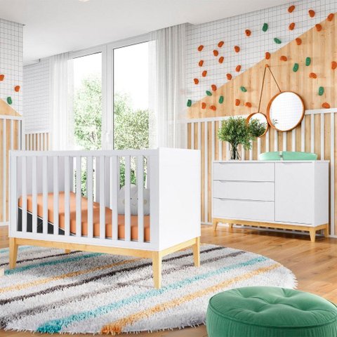 Quarto De Bebê Retrô Amor Perfeito Berço E Cômoda Com Porta
