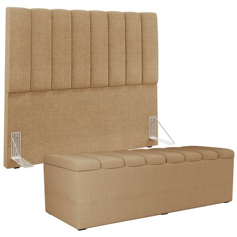 Kit Cabeceira Cama Box Casal 140cm Calçadeira Recamier Baú Dália W01 Linho Bege Escuro - Lyam