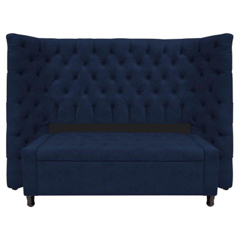 Kit Cabeceira e Calçadeira Baú Casal Everest P02 140cm Suede - Doce Sonho Móveis Azul Marinho