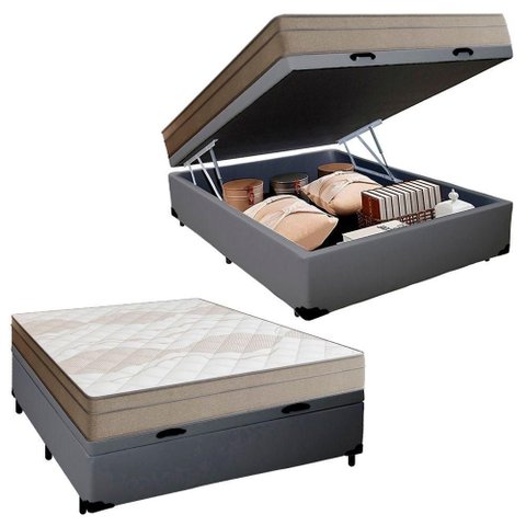 Cama Box Baú Casal Sintético + Colchão de Molas Ensacadas Portobel Ipanema - 138x188x66cm Cinza
