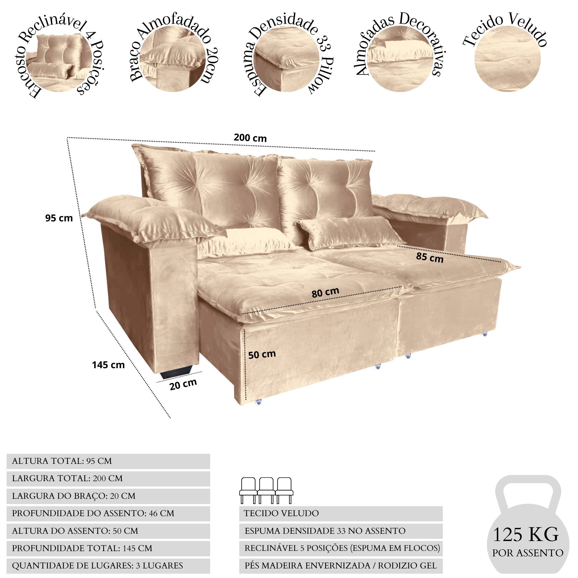 Sofá Retrátil e Reclinável 3 Lugares 2,00m Roma Espuma densidade 33 Pillow Top Bege