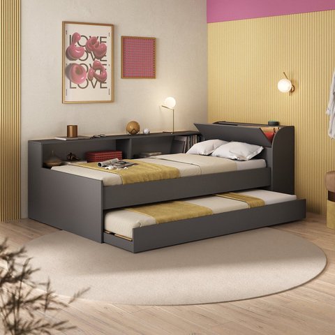 Cama Solteiro com Nicho e Cama Auxiliar Aria Cinza/Grafite