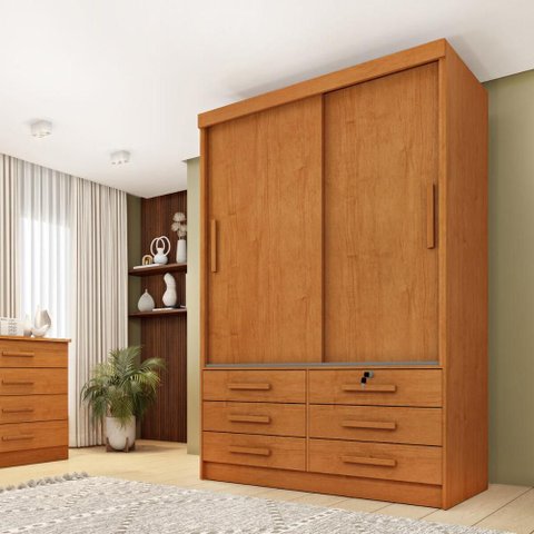 Guarda-Roupa Solteiro com 2 Portas de Correr e 6 Gavetas 133cm Multimóveis CR35485 Cinamomo