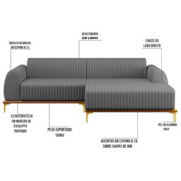Sofá 265cm 4 Lugares Com Chaise Direito Pés Gold Molino C-416 Linho Cinza Escuro - Domi - 5