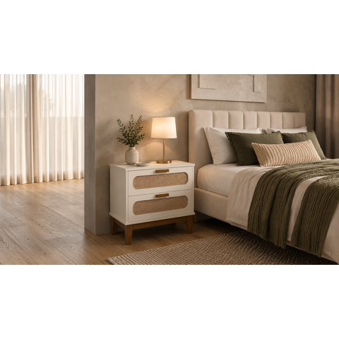 Mesa de Cabeceira Santorini 60cm Retro Pés de Madeira Maciça Cor Off White