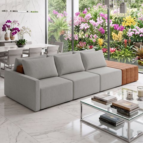 Sofá Ilha Modular para Sala 312cm com Puff Dublin K01 Linho Cinza Sintético Caramelo - Lyam Decor