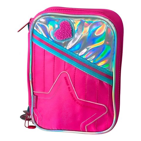 Estojo Escolar Brilhante Holográfico com Divisória Rosa