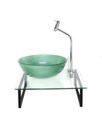 Ver imagem 1 de Kit Cuba de Vidro Redonda 10mm Verde Tampo 40cm Incolor com Suporte Torneira Valvula