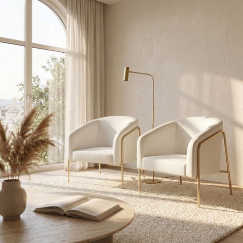 Poltrona Sala Decorativa Kit 2 Stella Base Alta Tubo Champanhe Sintético PU D03 - D’Rossi