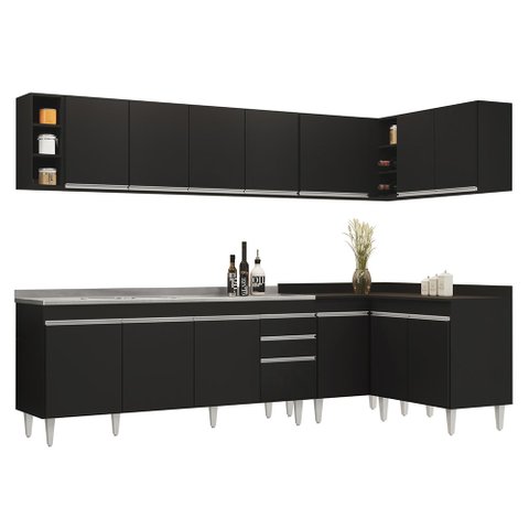 Armário de Cozinha Modulado de Canto 7 Peças Cp36 com Pia Inox Preto - Lumil Lumil Móveis