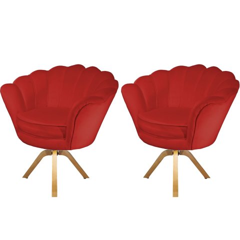Kit 2 Poltronas Decorativa Pétala Base Giratória Madeira Suede Vermelho Ms Decor