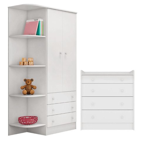 Conjunto Cômoda e Guarda-roupa Infantil Doce Sonho 2 Portas 4 Gavetas Mdp 88,5cm Branco Qmovi