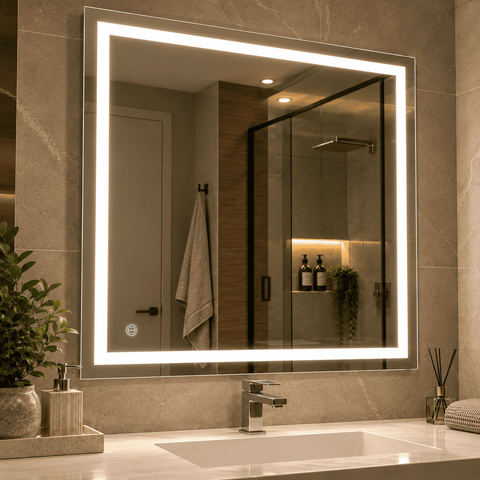 Espelho 100x100 LED 3 Cores Fria Neutra Quente Banheiro Retangular Jateado Iluminado Quadrado 1,00