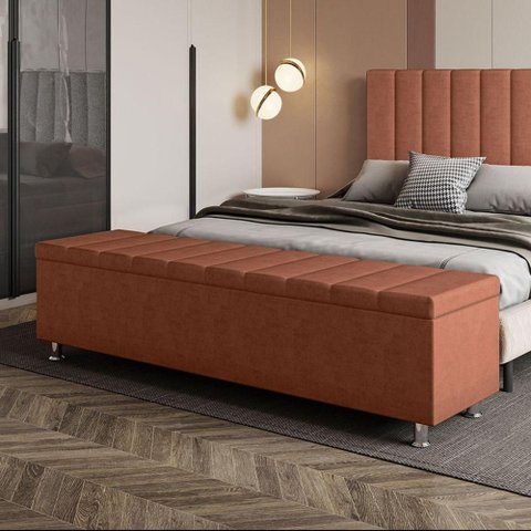 Calçadeira Baú Recamier Estofado Casal 140 Cm Ônix Veludo Terracota