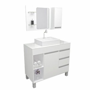Armário para Banheiro/ Lavabo Fit Supreme 97 Cm Branco C/cuba + Espelheira com Espelho + Torneira e