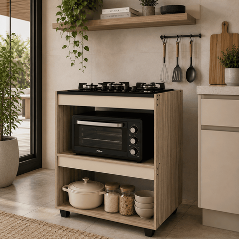 Balcão para Cooktop 4 Bocas com Nicho para Forno em MDP para Cozinha - Off White