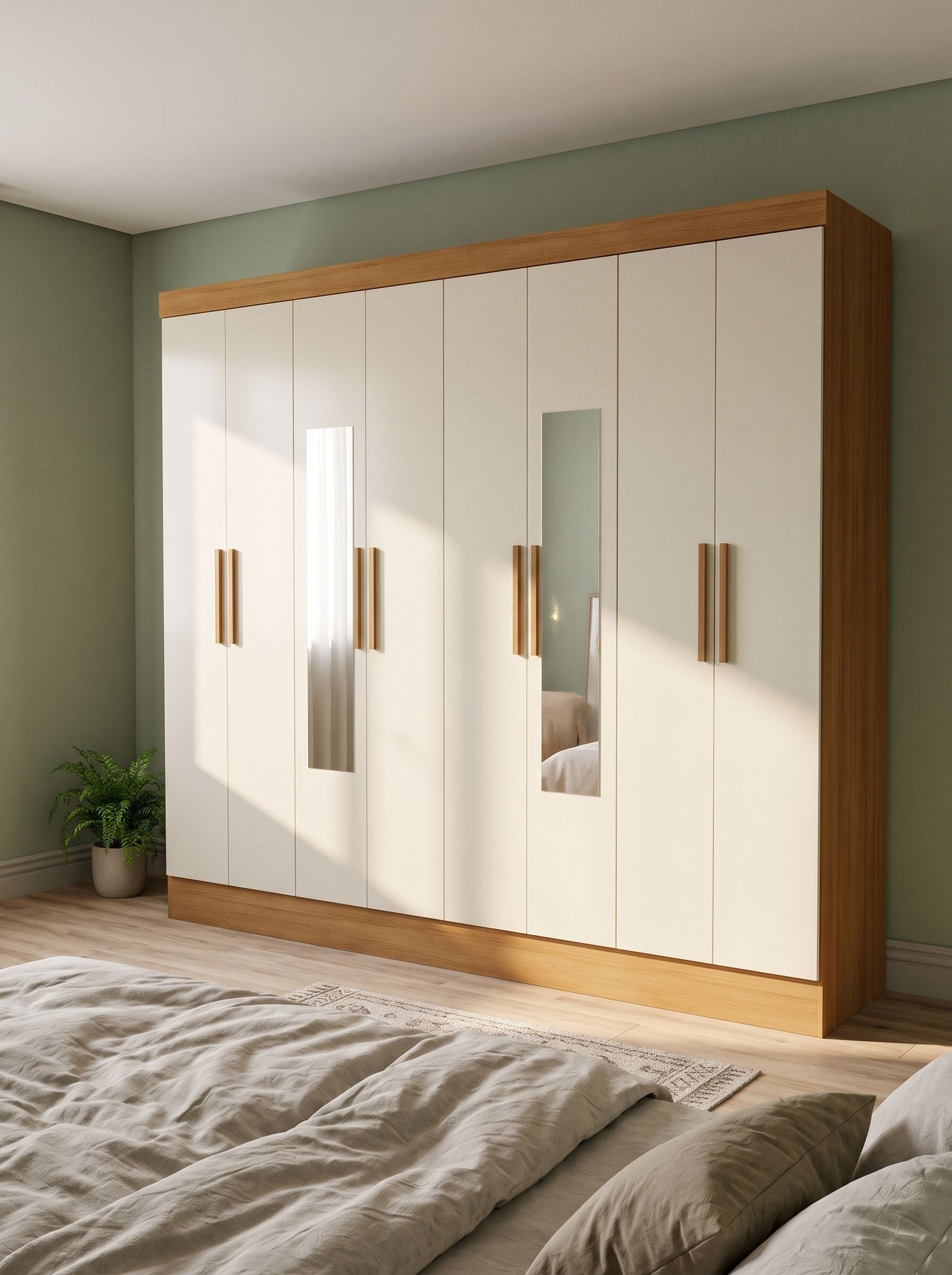 Guarda Roupa Casal 100% MDF 8 Portas 4 Gavetas com Espelhos, Cabideiro e Prateleiras 226x199x47cm
