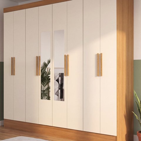 Guarda Roupa Casal 100% MDF 8 Portas 4 Gavetas com Espelhos, Cabideiro e Prateleiras 226x199x47cm