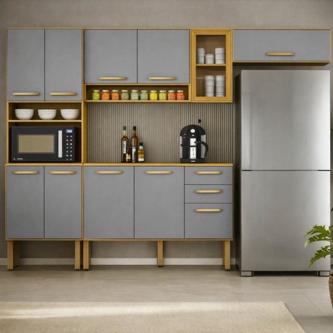Cozinha Completa Modulada 11 Portas 2 Gavetas Adele Espresso Móveis Cinza/Cinamomo/Acetinado