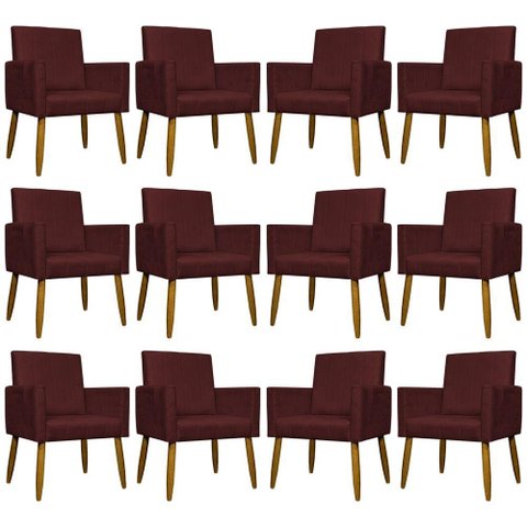 Kit 12 Poltronas Decorativas Mari Pé Palito Castanho - Bordô Suede