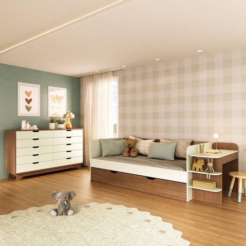 Quarto Infantil Cama de Solteiro 3 em 1 e Cômoda 10 Gavetas em Mdf Premium Helena e Alice