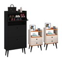 Ver imagem 1 de Kit Sapateira Vertical 3 Gavetas Basculantes Preto 2 Mesinhas Canto Quarto Nicho Off White/Cinamomo