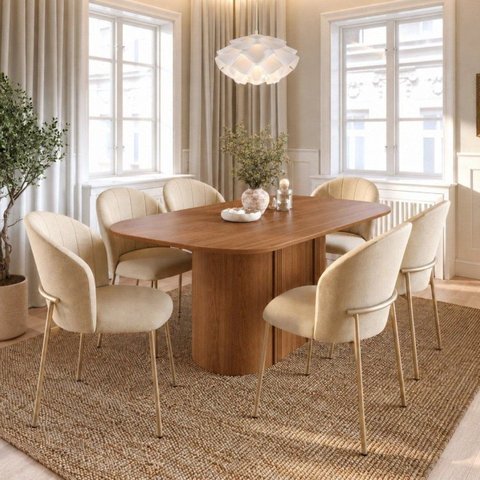 Conjunto Mesa de Jantar Kalina 6 Cadeiras Aço Carbono Estofadas Kalyx Canella/Linho Cru