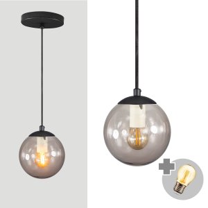 Pendente Preto C/ Globo de Vidro Fumê de 14cm + Led 2w