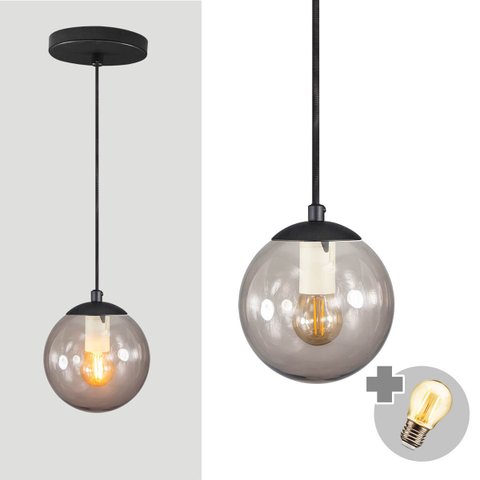 Pendente Preto C/ Globo de Vidro Fumê de 14cm + Led 2w